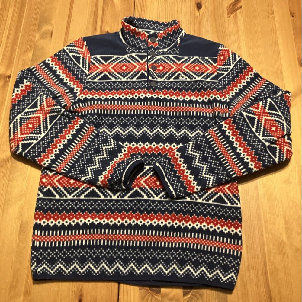 Vineyard Vines Boys‎ XL 18 Fleece Pullover Red Blue Fair Isle Snap Mock Neck